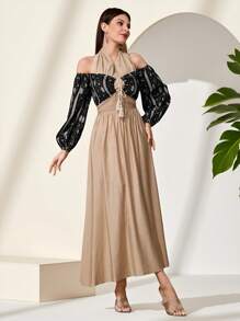 Al Najma 女士优雅拼布印花露肩灯笼袖收腰连衣裙 - 黑色 - 查看 6