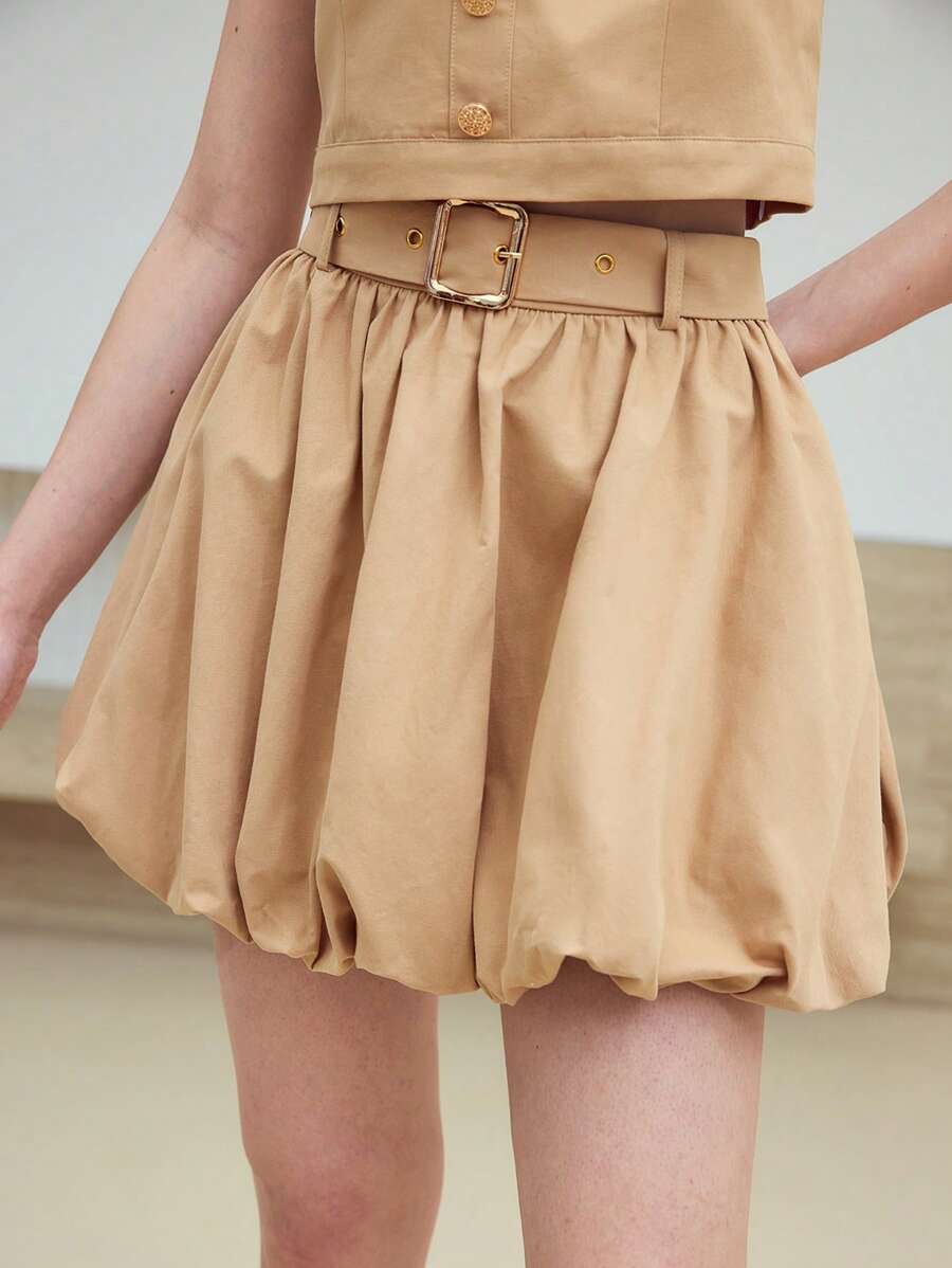 MOTF STUDIO 100% COTTON CASUAL WAIST TIE BUBBLE HEM MINI SKIRT - Khaki - View 2