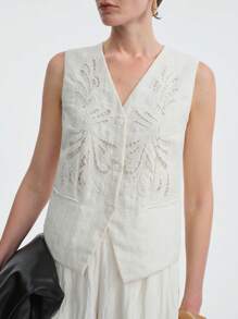 Aalyst Chaqueta ligera informal de lino bordada sin mangas con estilo bohemio y calados para mujer, ideal para la playa, festivales de música y el verano