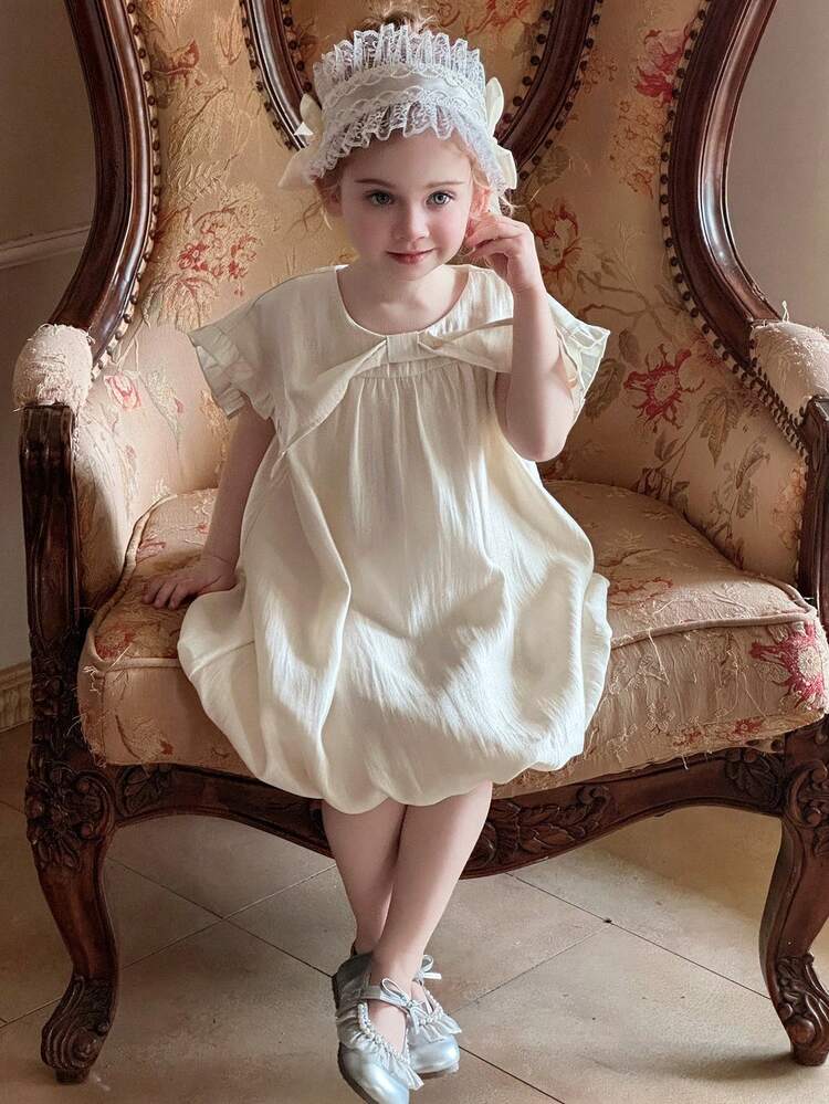 Young Girls Round Neck Bowknot Patchwork Summer Dress