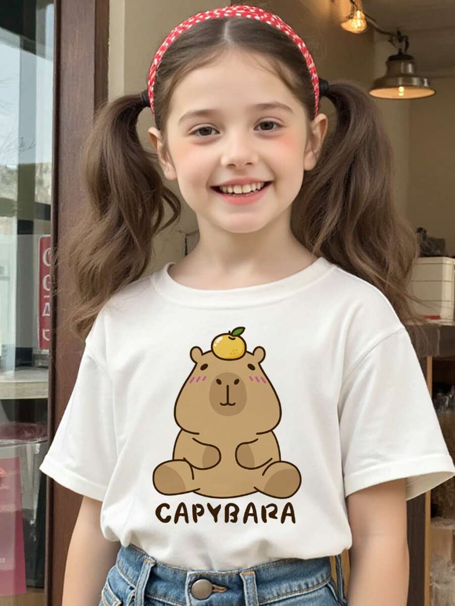 Tween Girls Cute Capybara Graphic Tee White Polyester Short Sleeve