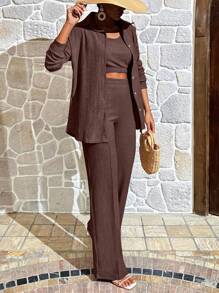 EURMUSE Women Simple Solid Color Tank Top, Jacket And Pants Set, Summer - Brown - View 4