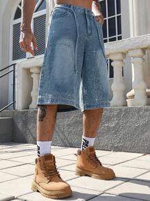 ROMWE MEN Street Life Men's Sparkling Diamond Decor Denim 3/4 Shorts Jorts - Blue - View 2