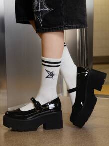 Sugerpunk Women Black Leather Chunky Wedge Platform Shoes, For Outdoor, Graduation, Wedding Party, Summer, University Students, Spring - Black - View 6