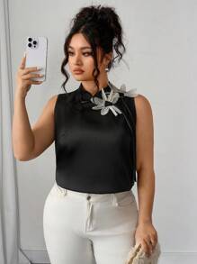 Elenzga Elegant Women's Chinese-Style Button Satin Sleeveless Stand Collar Floral Decor Plus Size Blouse, Summer - Black - View 7