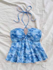 Soleia Áo ba lỗ hở lưng Babydoll nhún bèo phía trước dành cho nữ, thích hợp cho mùa hè, kỳ nghỉ - Màu xanh nhạt - Xem 5