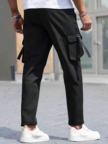 Manfinity Homme Men's Multi-Pocket Straight Leg Loose Fit Pants, Versatile Streetwear Pants High Waisted Suit Pants - Black - View 3