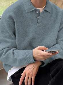 Claim Dot 男士纯色 Polo 领长袖休闲毛衣，秋冬 - 水鴨藍 - 查看 4