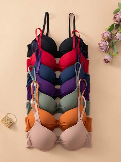 7pcs Women Simple Casual Comfortable Gathered Wire Bras, Solid Color Sexy Lingerie