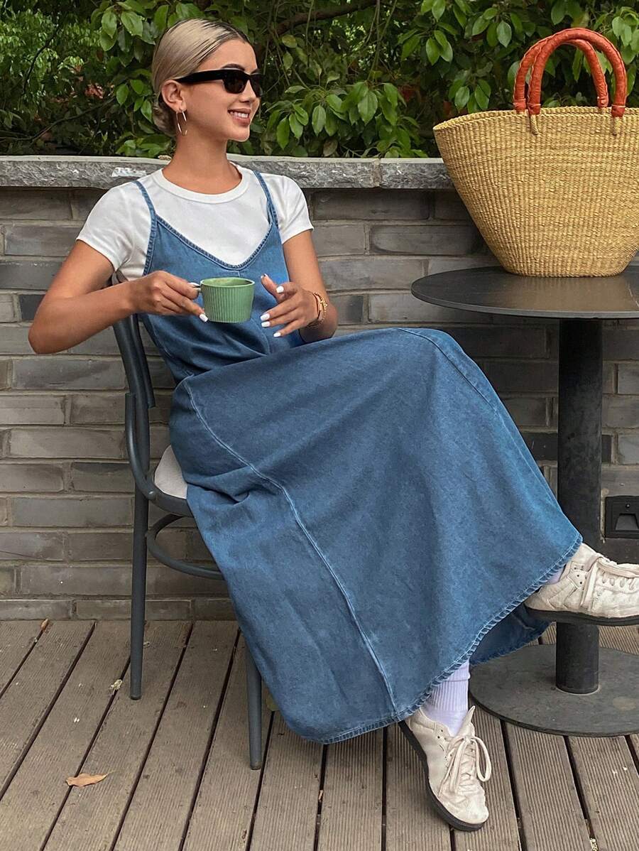 Livesso 女士休闲宽松牛仔吊带裙，春夏度假款 - 藍色 - 查看 1
