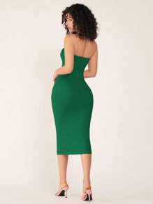 SHEIN BASICS 女式露肩修身紧身休闲晚宴连衣裙 - 墨綠色 - 查看 2