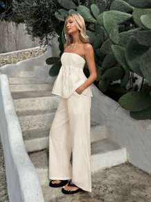 SHEIN EZwear 亚麻色编织抹胸上衣和裤子两件套，女士休闲装 - 米色 - 查看 5
