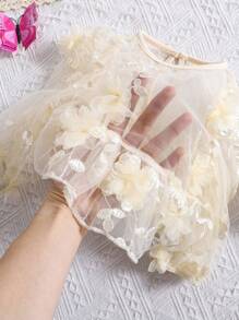 SHEIN 2pcs Baby Girl Floral Print Mesh Long Sleeve Top & Solid Color Elastic Waist Long Pants Set, Suitable For Summer - Apricot - View 3