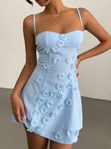 Aloruh Vestido mini elegante de tirantes finos de punto azul claro con decoración floral 3D para mujer