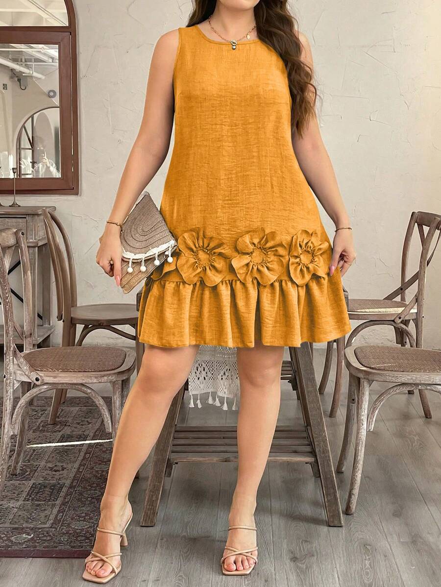 SHEIN LUNE Gaun Lurus Tanpa Lengan Ukuran Besar dengan Hiasan Bunga 3D dan Hem Bergelombang - Jeruk - View 1