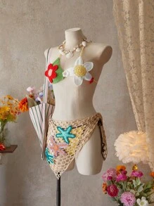 SHEIN Swim 2pcs/Set Women Hand Crocheted Floral Contrasting Color Cute Shawl Sweaters For Summer Beach Vacation - Multicolor - View 4