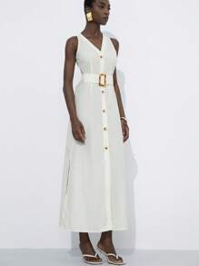 GENKIRA 新款时尚简约优雅女士长裙，V 领无袖前开襟，配有纽扣、腰带和玳瑁扣 - 白色 - 查看 3