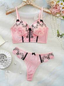 SHEIN 2pcs/Set Embroidered Lingerie Set For Women (With Underwire, Thong) - Pink - View 6