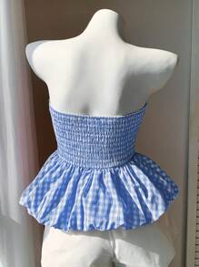 Comfortcana Women's Summer Beach Vacation Style Gingham Print Peplum Hem Tube Top - Blue and White - View 2