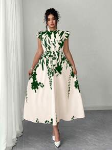 Elenzga Plus Size Floral Print Ruffle Trim Maxi Dress,Apricot Background With Black Flowers,Elegant And Sexy,Flaunts Figure Curve, Suitable For Vacation, Beach Party, Picnic, Casual Outing, Suitable For Spring/Summer