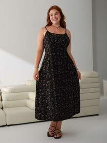 SHEIN EZwear Vestido Negro Largo Tipo Slip con Estampado Floral para Mujer Talla Grande, Ideal para el Verano