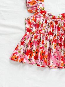 Soleia Blusa de mujer con mangas cortas, estampado floral y bloques de color, adecuada para vacaciones, festivales de música, estilo bohemio, días festivos, citas y meriendas - Multicolor - Ver 5
