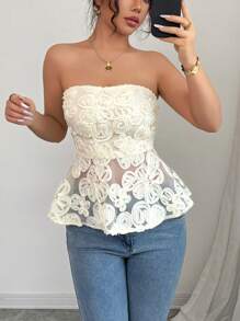 Rafferiza Elegant & Fashionable Women's Sleeveless Ruched Waist Tiered Hem Hidden Zipper Mesh Embroidered Fabric Apricot Blouse For Spring/Summer - Apricot - View 8