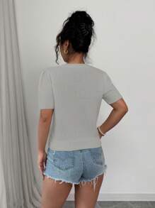 Chiquease 女士优雅甜美3D蝴蝶结圆领常规肩短袖针织上衣 - 灰色 - 查看 2