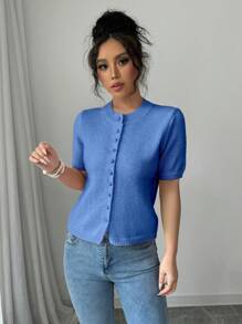 Chiquease New Casual Loose Pink Minimalist Buttoned Knit Pullover Sweater, Women Short Sleeve - Navy Blue - View 5