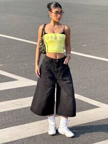 SHEIN EZwear Women Y2k Baggy Jorts Vintage Wide Leg Long Jean Shorts Loose Fit Denim Shorts Grunge Vintage Streetwear - Black - View 5