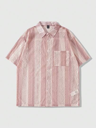 Street Life Camisa holgada de hombres con contraste de rayas de tela de encaje