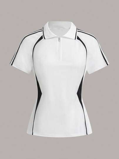 Exploreva Dam T-shirt med kort ärm och smal passform, kontrastfärg, träningsyoga och utomhusbruk, gymskjortor