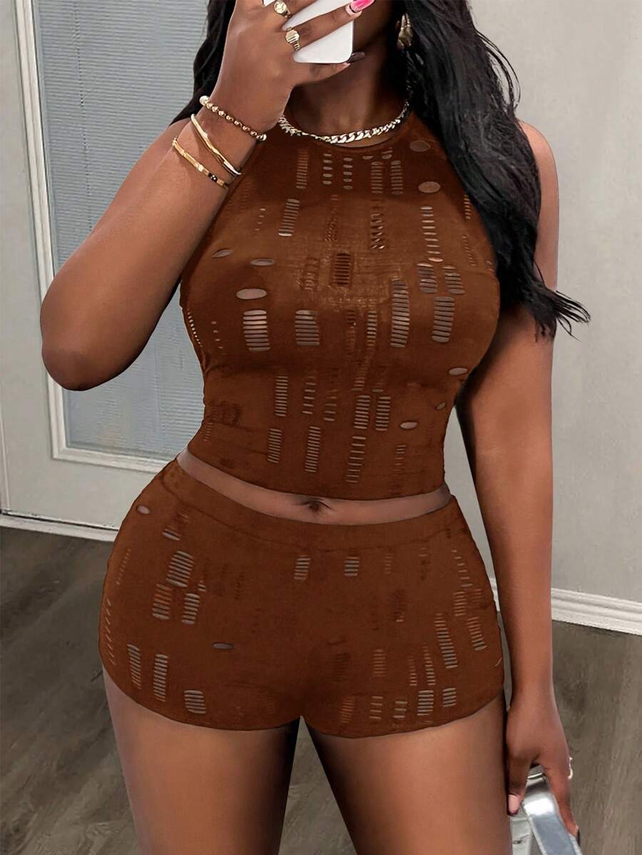 Slaydiva 2pcs/Set Women Casual Versatile Sleeveless Mesh Vest And Form-Fitting Shorts - Brown - View 1