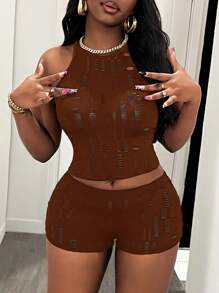 Slaydiva 2pcs/Set Women Casual Versatile Sleeveless Mesh Vest And Form-Fitting Shorts - Brown - View 6