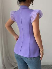 Elenzga 全套服装女式西装外套纽扣衬衫紫色性感毕业商务休闲朴素度假狂欢节外出荷叶边袖网眼。 - 紫色 - 查看 2