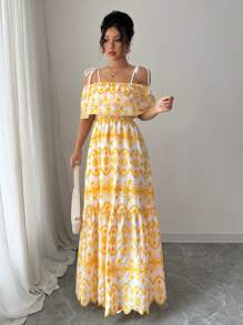 Chiquease Off-Shoulder Ruffle Hem Cinched Waist Vacation Style Dress - Yellow - View 1