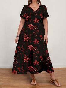 EMERY ROSE Vestido de flores de manga corta con cuello en V para mujer talla grande, uso casual de verano