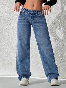 SHEIN ICON 女士时尚牛仔裤，适合夏季 - 深色水洗藍 - 查看 4