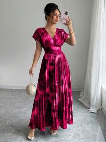 Elenzga Women's Random Printed Elegant Waistband Fitted Pleated Dress, Fashionable Holiday Style - Pink - View 3