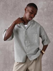SUMWON Boxy Fit Resort Stripe Button-Up Shirt Short Sleeve Casual Summer Beach Vacation Button Down Revere Collar Weekend Loungewear - Grey - View 7