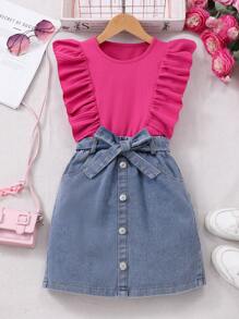 Girls' Casual Fashionable Denim Skirt And Comfortable Set - Hot Pink - View 1