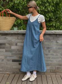 Livesso 女士休闲宽松牛仔吊带裙，春夏度假款 - 藍色 - 查看 5