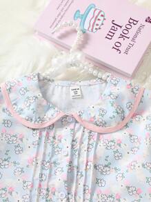 Tween Girls 3 Pieces Pajama Set, Ruffled Collar Blouse With Ditsy Floral & Bunny Prints, Shorts And Pants, Summer