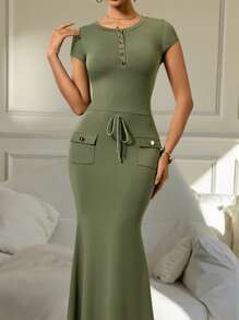 INAWLY Women's Long Slim Fit Drawstring Pocket Decor Short Sleeve Dress - Green - View 3