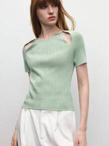 BizChic Top de mujer de punto con textura acanalada y calado, color verde claro, nuevo para el verano de 2025. Elegante, romántico, casual y versátil, adecuado para festivales de música, bodas, trabajo, citas y desplazamientos diarios.