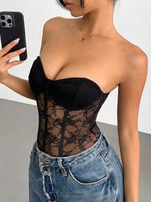 Aloruh 蕾丝透视性感露肩紧身衣 - 黑色 - 查看 4