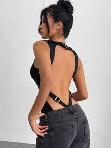 Aloruh Y2K Backless Sleeveless Adjustable Buckle Black Bodysuit For Women, Sexy - Black - View 3