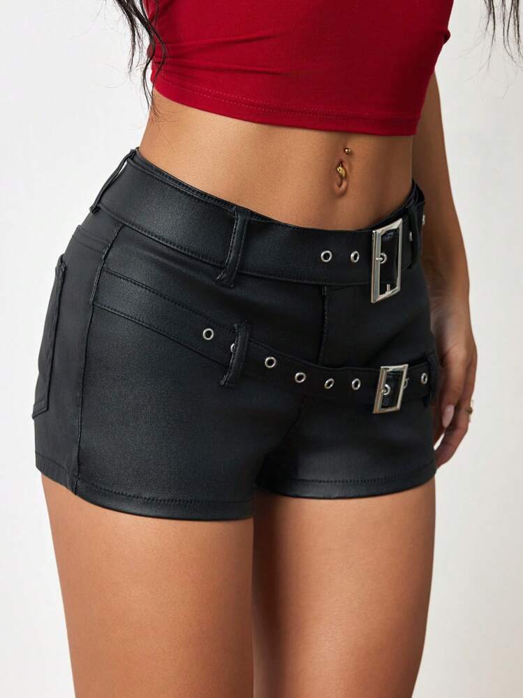 Flirla Summer Fashion Low Waist Double Belt PU Coated Shorts