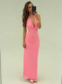 Aloruh Váy Maxi hở lưng hở lưng cổ chữ V sâu xếp nếp 3D họa tiết hoa mới về mùa hè, thanh lịch, gợi cảm - Màu Hồng  San hô - Xem 6