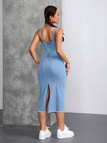 SHEIN Tall 方领露肩修身高弹力中长牛仔连衣裙，适合派对和度假 - 淺色水洗藍 - 查看 2